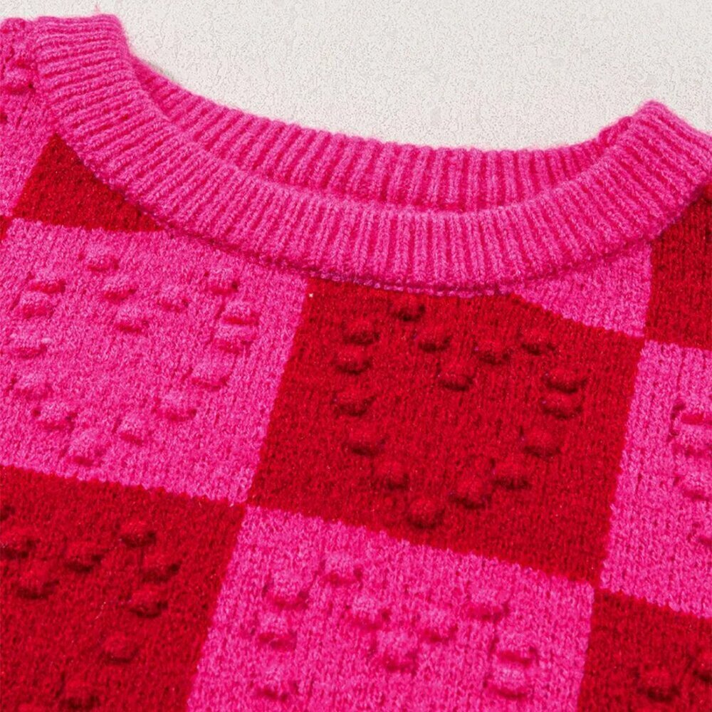 NWT Hot Pink & Red Plaid Heart Round Neck Valentine's Sweater - Picture 3 of 11